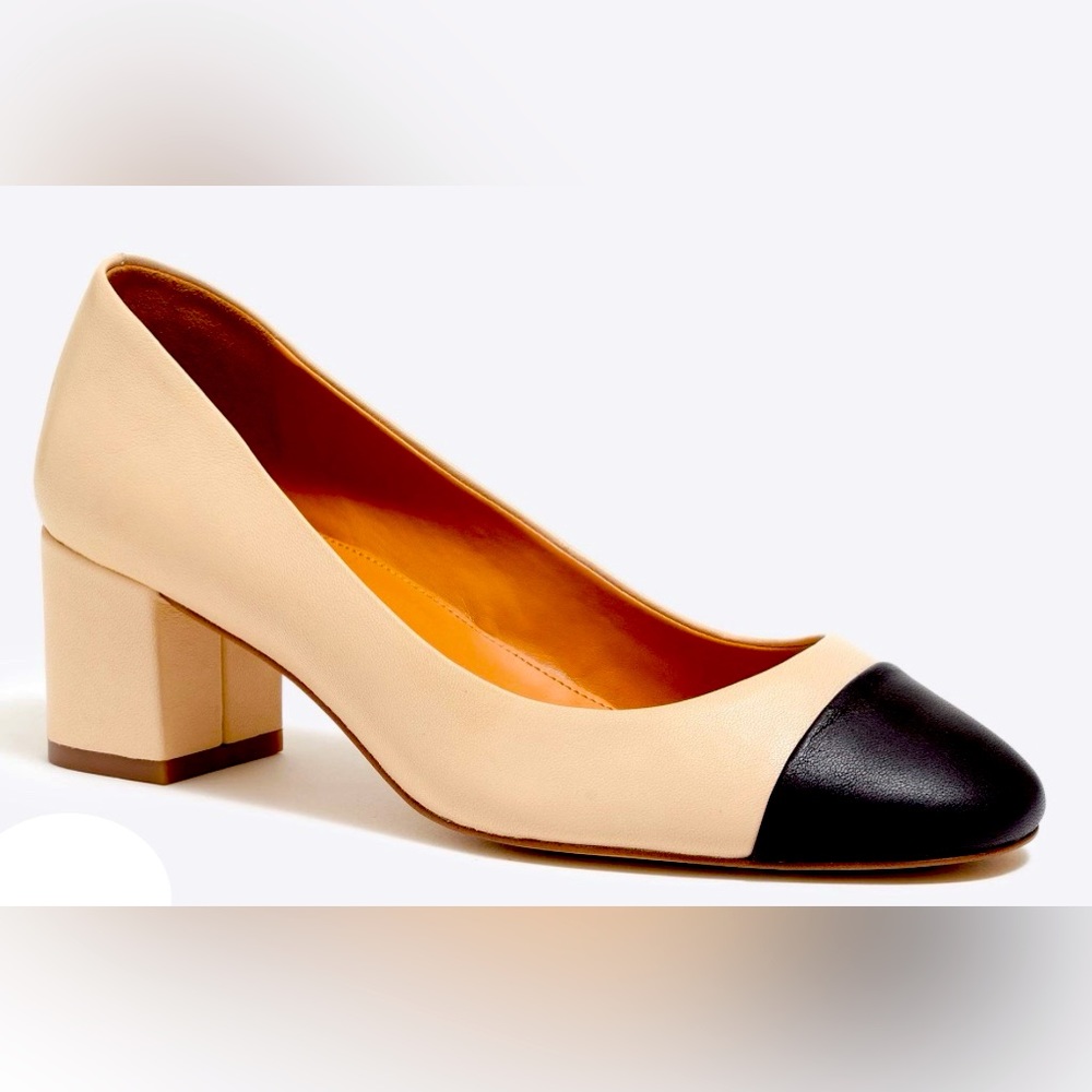 J.Crew Factory two-tone, cap toe leather heels in beige and black, size 6.5